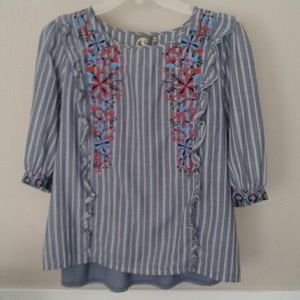 One September Blue Chambray Stripe Embroidered Top